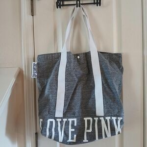Victoria's Secret PINK gray washed canvas "LOVE PINK" tote bag white straps snap
